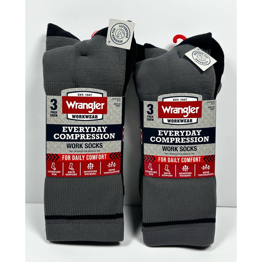 Wrangler Workwear Everyday Compression Work Socks 6 Pair Grey Shoe Size 6-12
